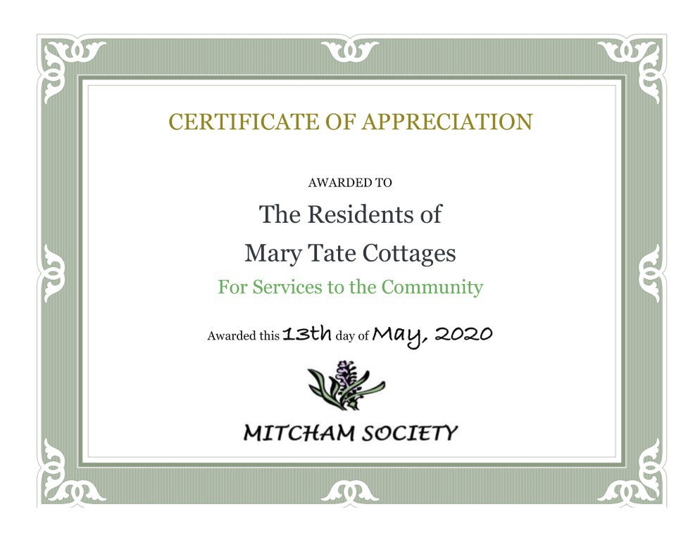 Certificate of Appreciation Mary Tate Cottages
